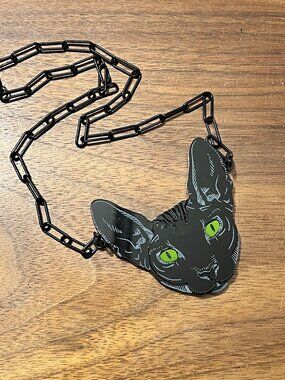 Large Black Sphynx Cat Acrylic Necklace